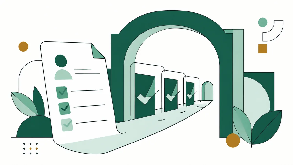 Ilustração de um formulário com itens marcados diante de arcos sucessivos, representando as etapas da inscrição.