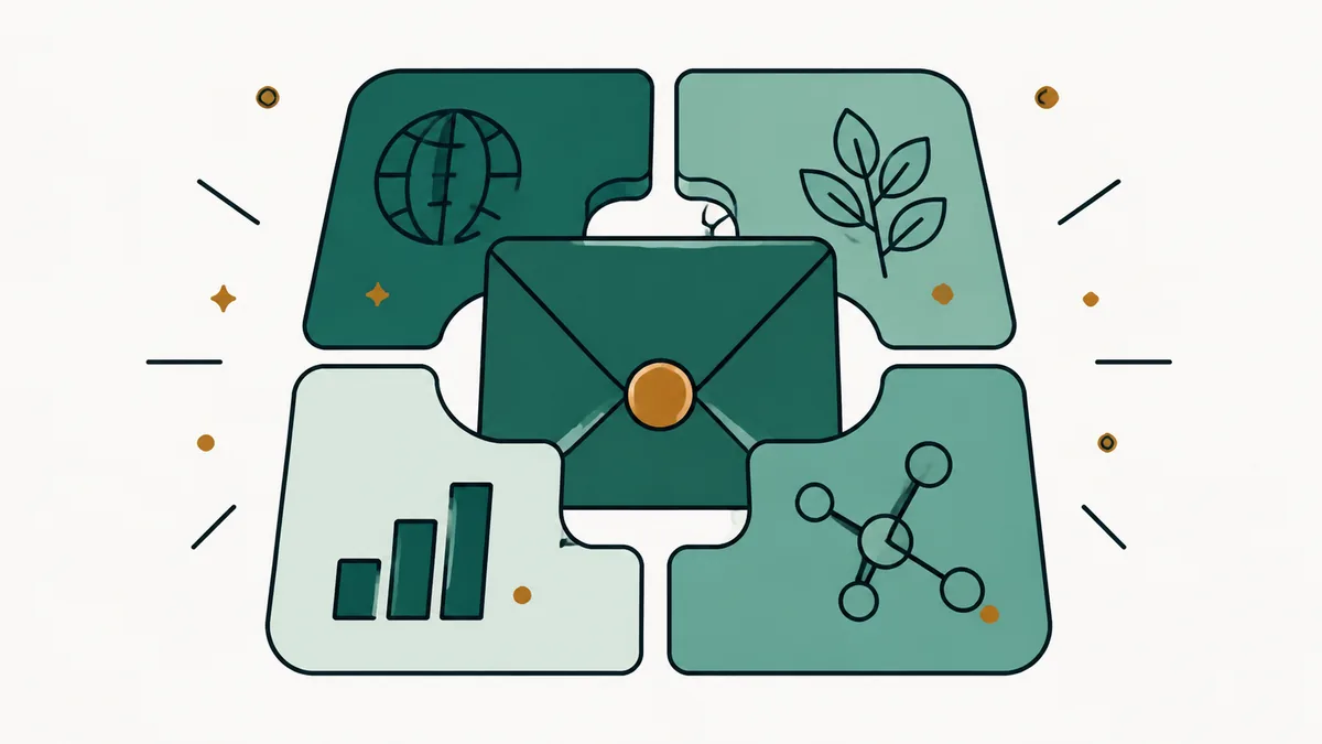 Ilustração de um envelope central cercado por peças de quebra-cabeça com ícones de ciências, gráficos e natureza.