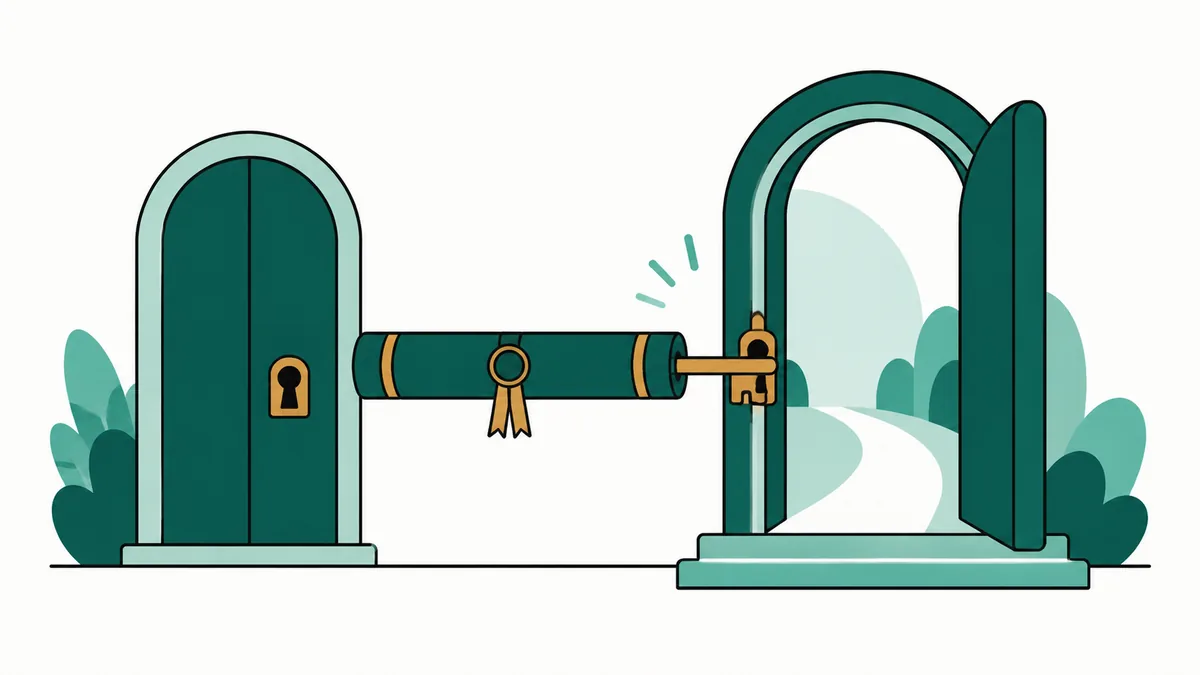 Ilustração de dois portais arqueados ligados por um diploma enrolado com selo, formando uma ponte.