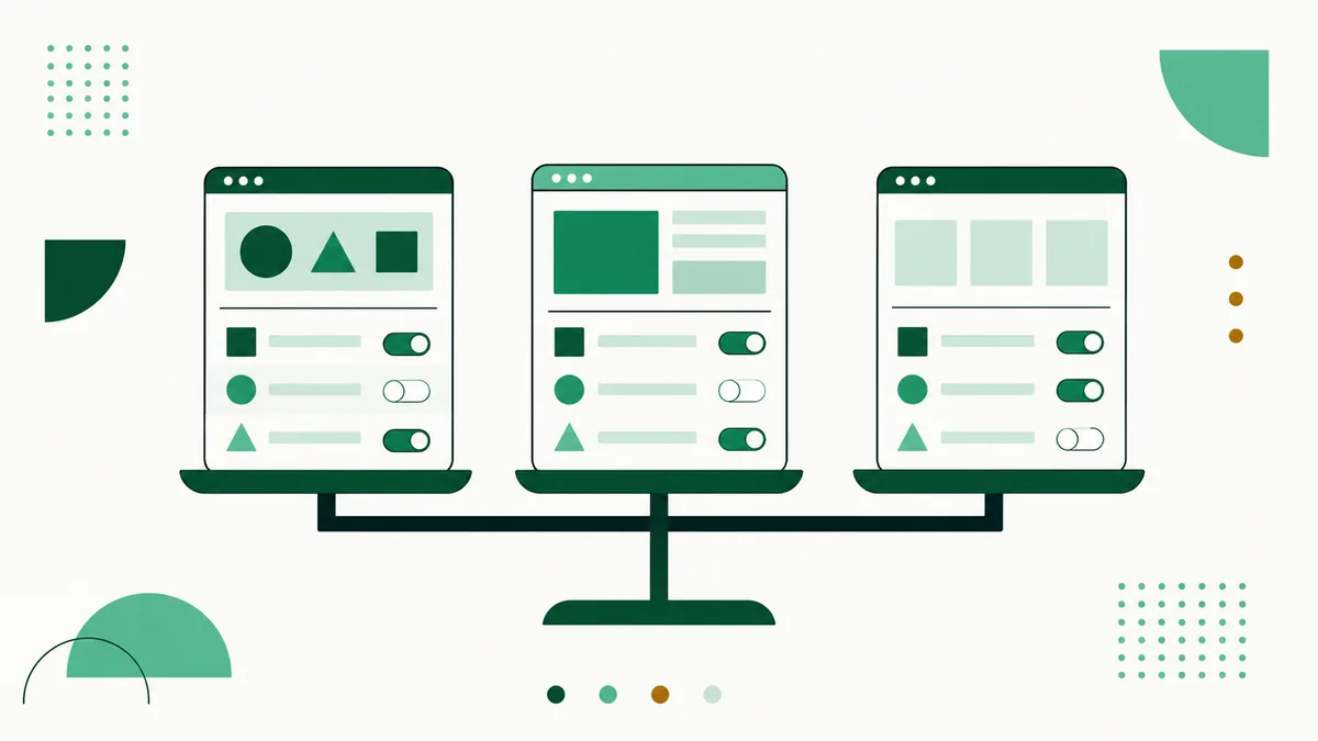 Ilustração de três janelas de navegador lado a lado em um monitor, com listas e botões de alternância.