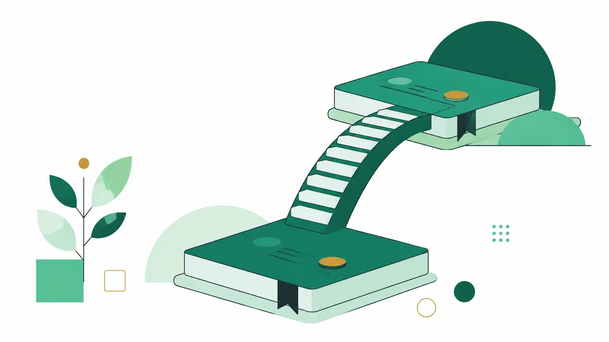 Ilustração de dois livros empilhados em níveis diferentes ligados por uma escada, ao lado de uma muda.
