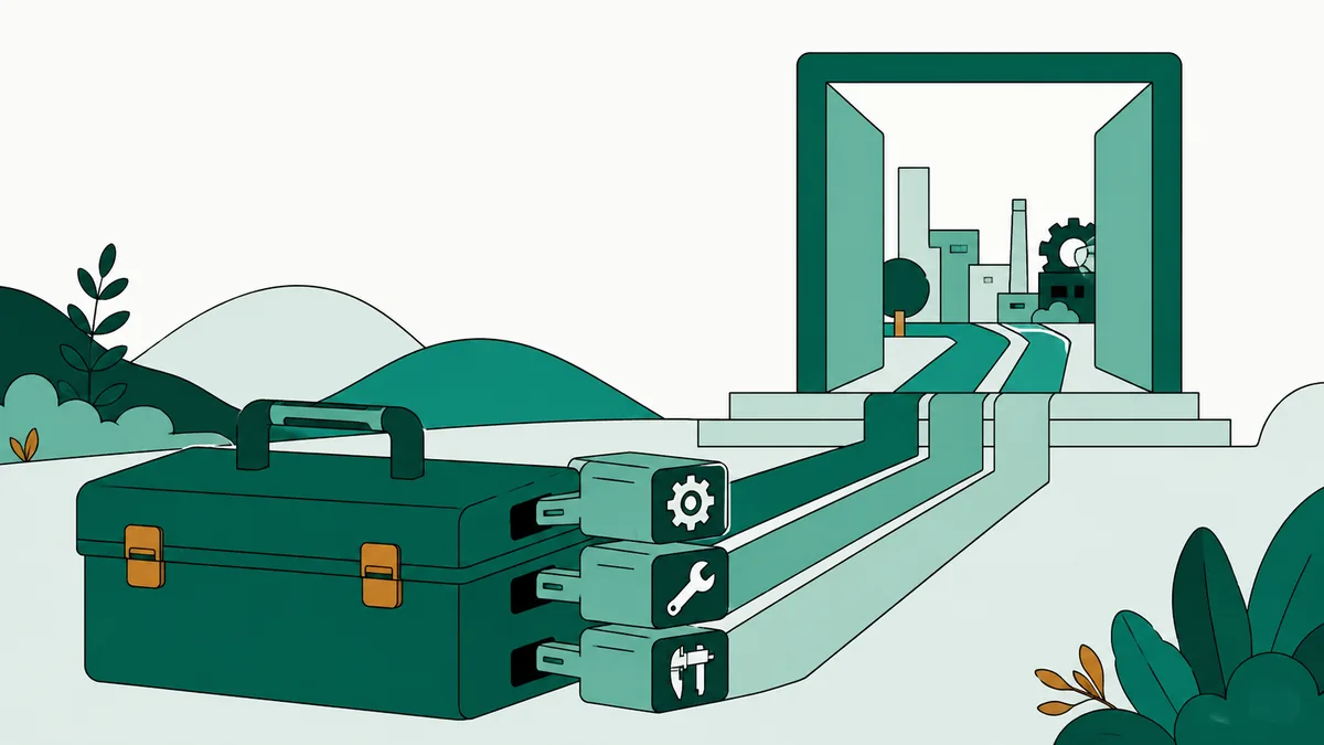 Ilustração de uma caixa de ferramentas ao lado de blocos com engrenagem e chave, com caminho até a cidade.
