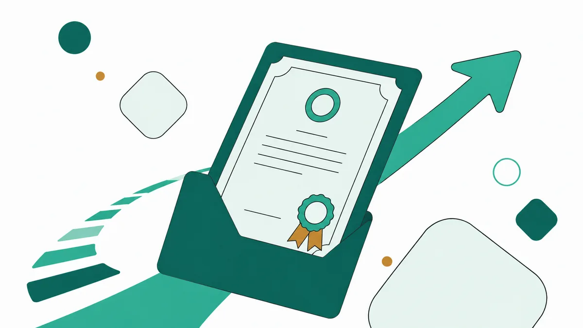 Ilustração de um certificado com selo inclinado sobre degraus, com seta ascendente ao fundo.