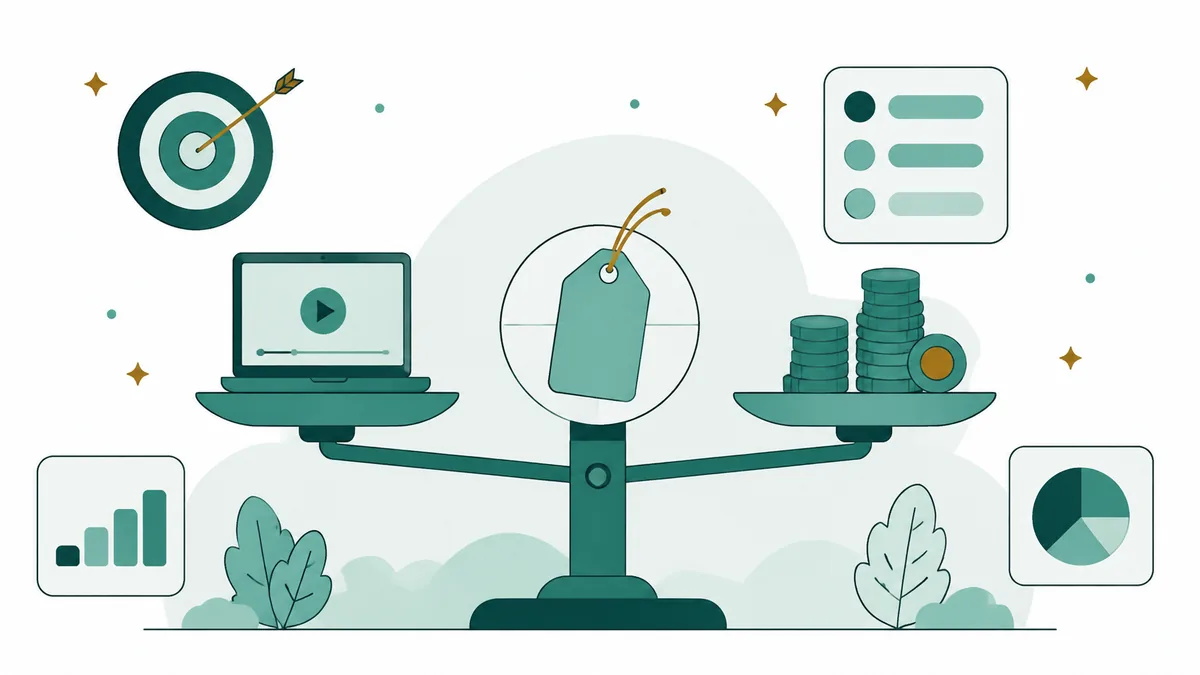 Ilustração de uma balança com etiqueta de preço e moedas, ao lado de laptop e gráficos.