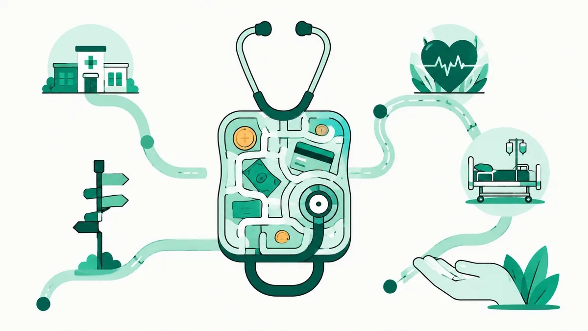 Ilustração de um estetoscópio formando um circuito entre clínica, leito hospitalar e placa de sinalização.