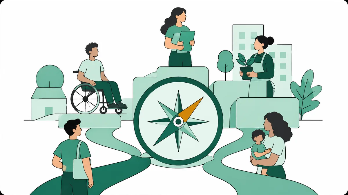 Ilustração de pessoas diversas, inclusive cadeirante e mãe com criança, ao redor de uma bússola no caminho.
