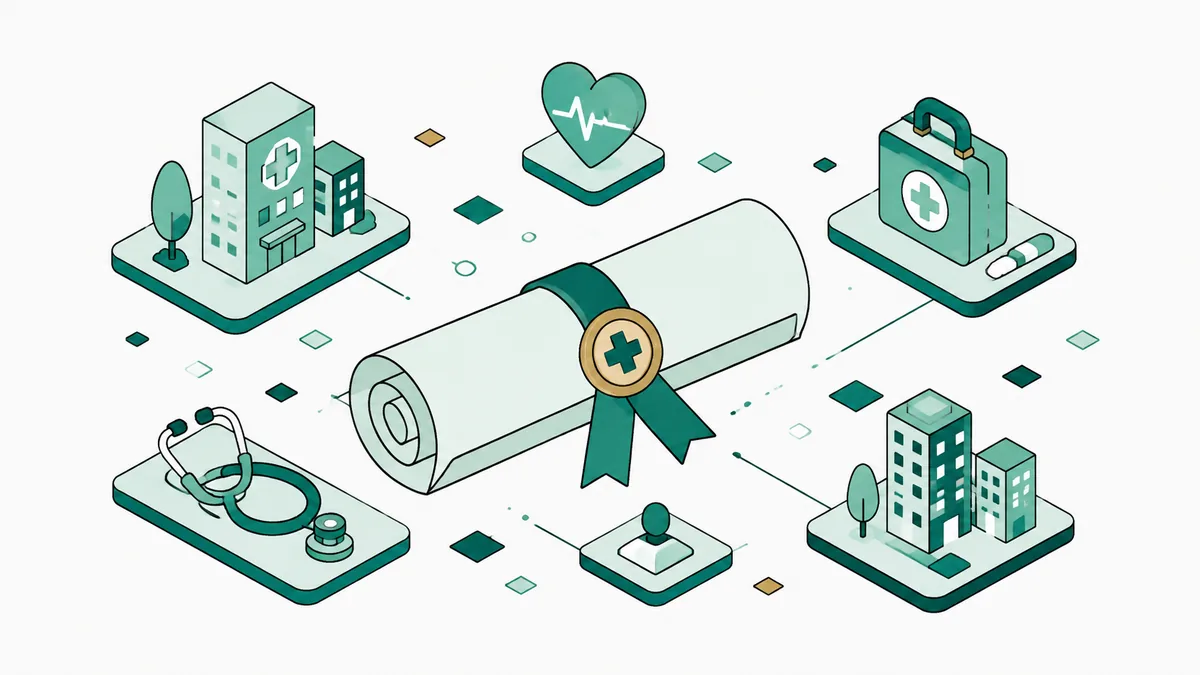 Ilustração isométrica de um diploma com selo entre hospital, estetoscópio e maleta de emergência.