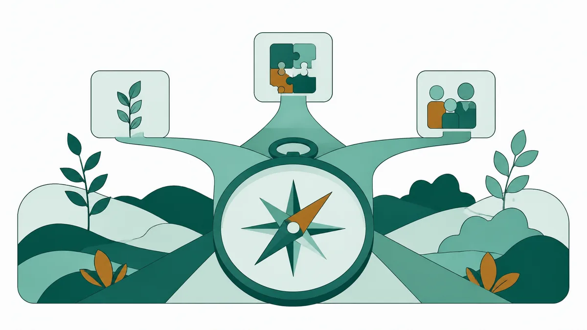 Ilustração de uma bússola sobre colinas verdes, com painéis de muda, quebra-cabeça e grupo de pessoas.