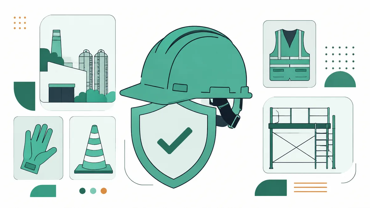 Ilustração de capacete de obra e escudo com visto de aprovação, ao lado de colete, luvas e cone.