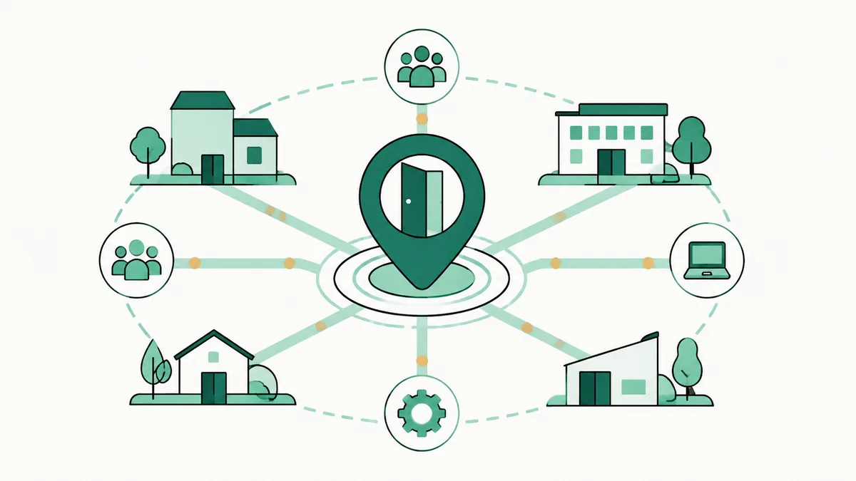 Ilustração de um marcador de local com porta ao centro, ligado em rede a casas, prédios e pessoas.