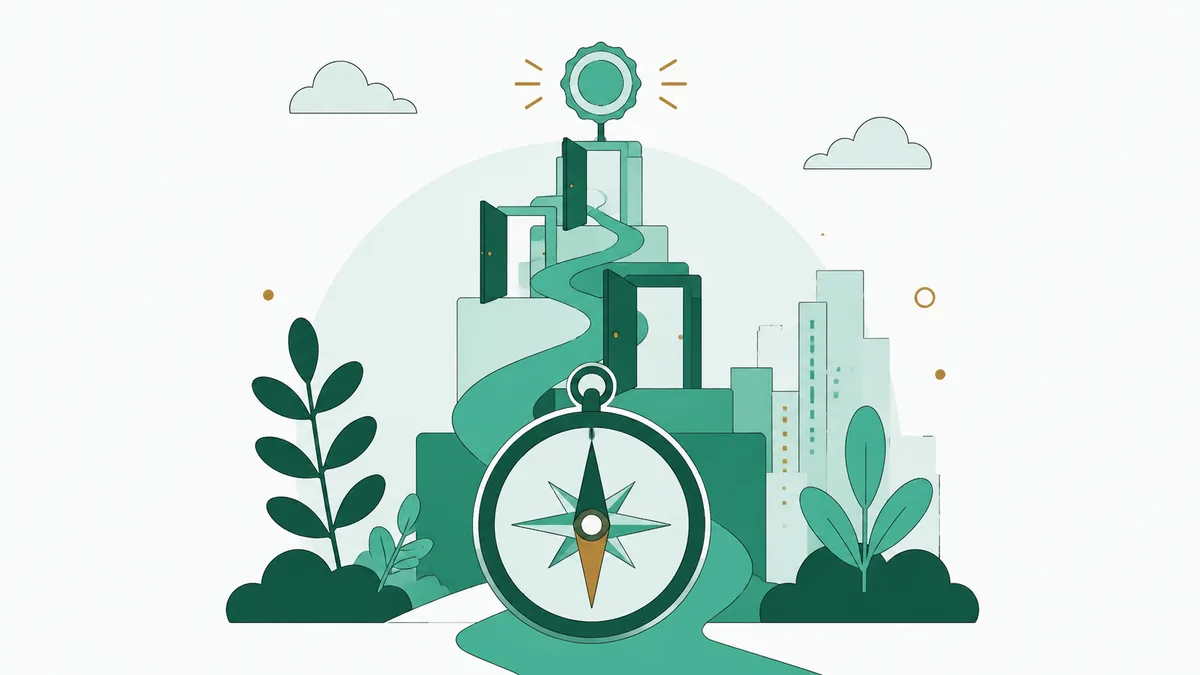 Ilustração de uma bússola na base de um skyline urbano, com caminho ascendente e engrenagem ao alto.