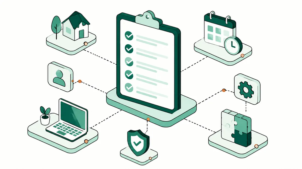 Ilustração de uma prancheta com lista de verificação ligada a laptop, casa, calendário e escudo.
