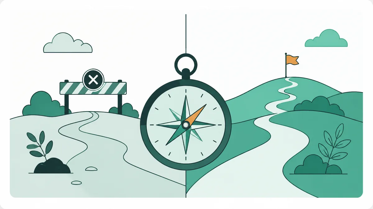 Ilustração de uma barreira interditando um caminho, com bússola e bandeira em rota alternativa.