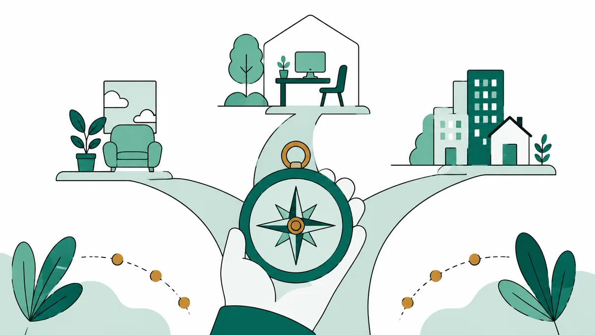 Ilustração de um ambiente de estudo em casa e prédios da cidade, com bússola em mão e caminho bifurcado.
