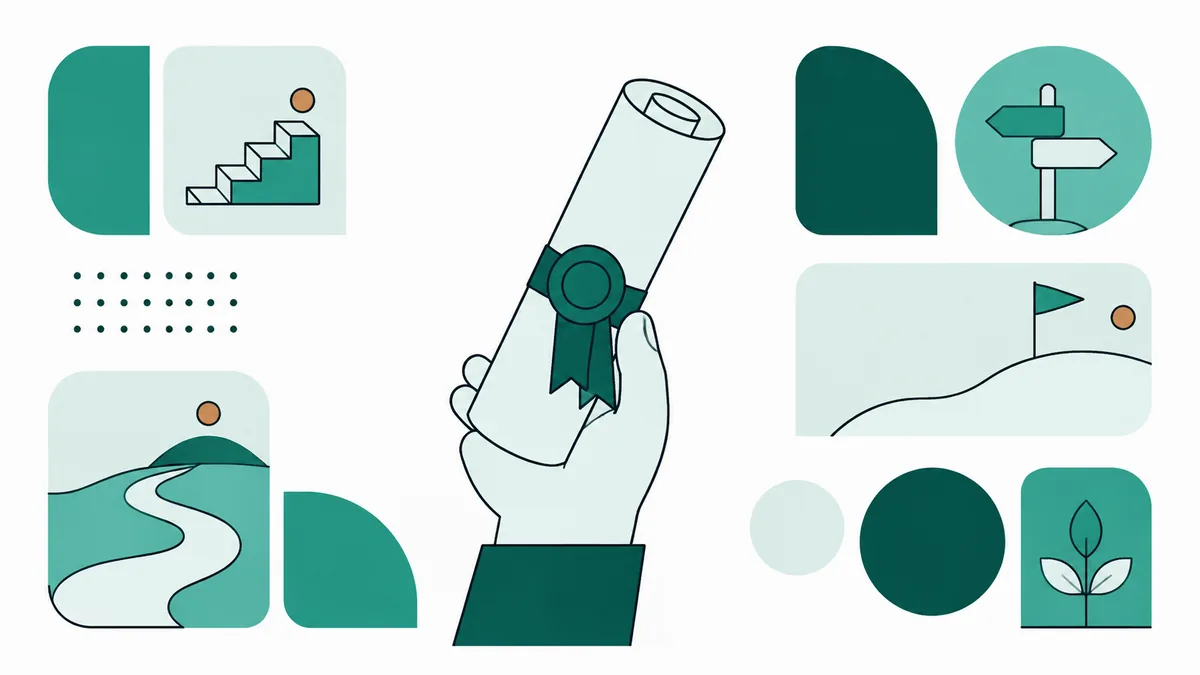 Ilustração de uma mão erguendo um diploma com selo, entre painéis geométricos e placa de direção.