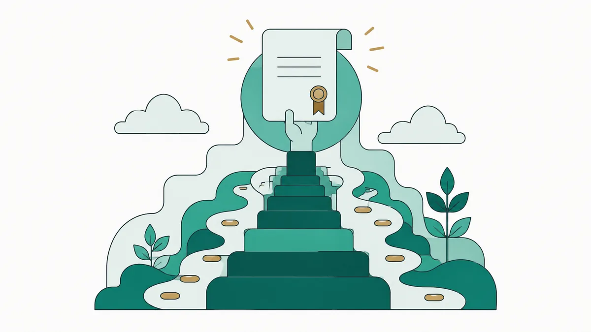 Ilustração de uma mão emergindo de uma escadaria e erguendo um certificado com selo.